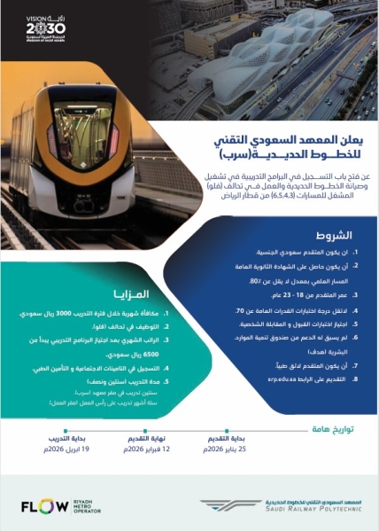 التسجيل في المعهد السعودي التقني للخطوط الحديدية - لدراسة الدبلوم والعمل في تحالف فلو قطار الرياض